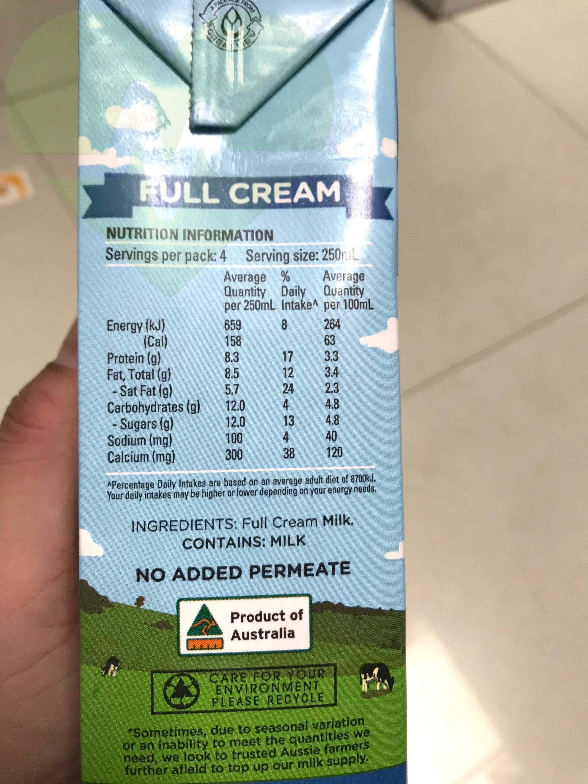 bảng giá trị dinh dưỡng trên sữa own full cream 1L